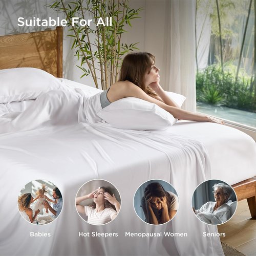 Bedsure Queen Sheet Set - Cooling Bamboo Sheets for Hot Sleepers | Soft, Breathable, Deep Pocket, White