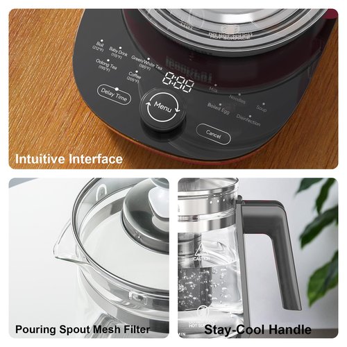 ICOOKPOT Glass Electric Kettle with Tea Infuser – 1.5L Stainless Steel, 1200W Rapid Boil, Temp & Programmable Control for Teas/Coffee – Black