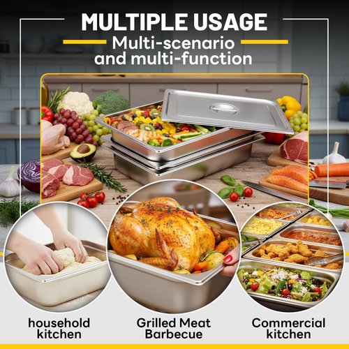 Hotel Pans Deep Steam Table Full Size Pan Set, Steam Table Pans with Lids, Stainless Steel Commercial Food Storage Containers Stackable Metal Steamer Pan (2.5" Deep 4 Pack, 1/1 Size)