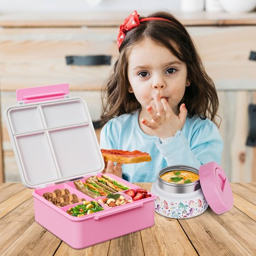 FAJSL Bento Box for Kids with Thermo Food Container (9oz), 4-Compartment Lunch Box, Adjustable Divider, Leakproof Bento Lunch Box, Includes Utensils & Carry Bag for School, Office(White-Horse)