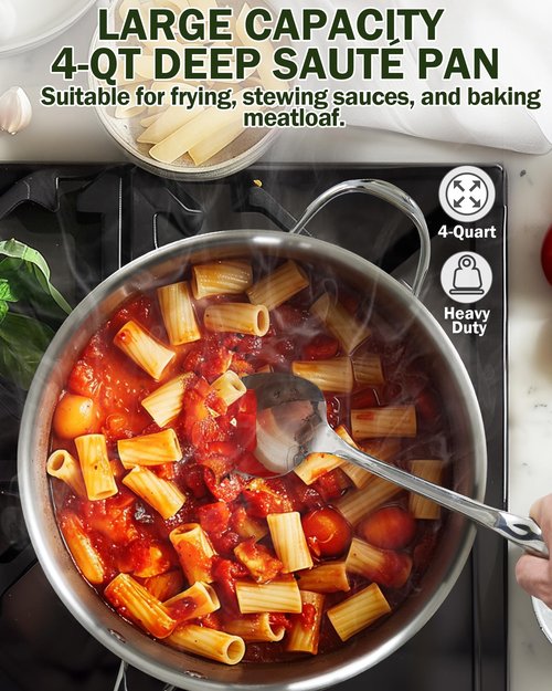 Cooks Standard Multi-Ply Clad Stainless Steel Saute Pan 10.5 Inch, 4 Quart Deep Frying Pan Skillet with Lid, Induction Cookware, Stay-Cool Handle