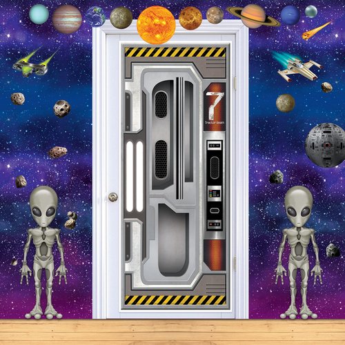 Beistle Set of 2 Plastic Spaceship Door Covers, Decorations for Outer Space Galaxy Alien Theme Birthday, Futuristic Party Supplies & Wall Decor, 6' x 30"