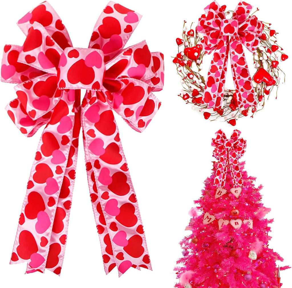 Valentine Tree Topper Bow by [Brand Name] - Large Red & Pink Heart Decorations | 11.4”x19.6” for Holiday Decor