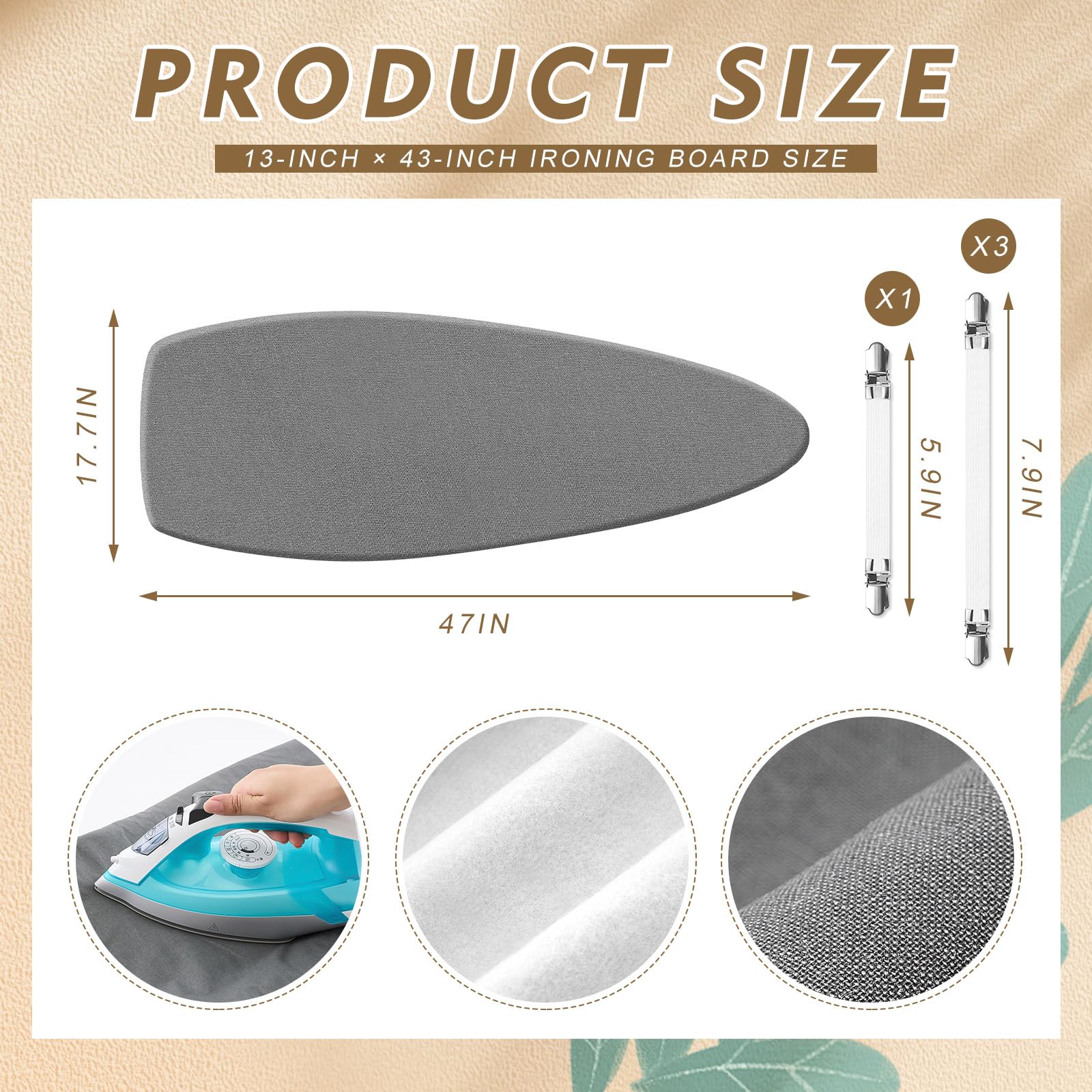 Treela 2 Pack Ironing Board Cover and Pad Fits 13" x 43" Ironing Board,Thick Scorch Resistant Padding, Heavy Duty Iron Covers Standard Boards, Hook and Loop Fastener Strap, Silver(18" x 47")