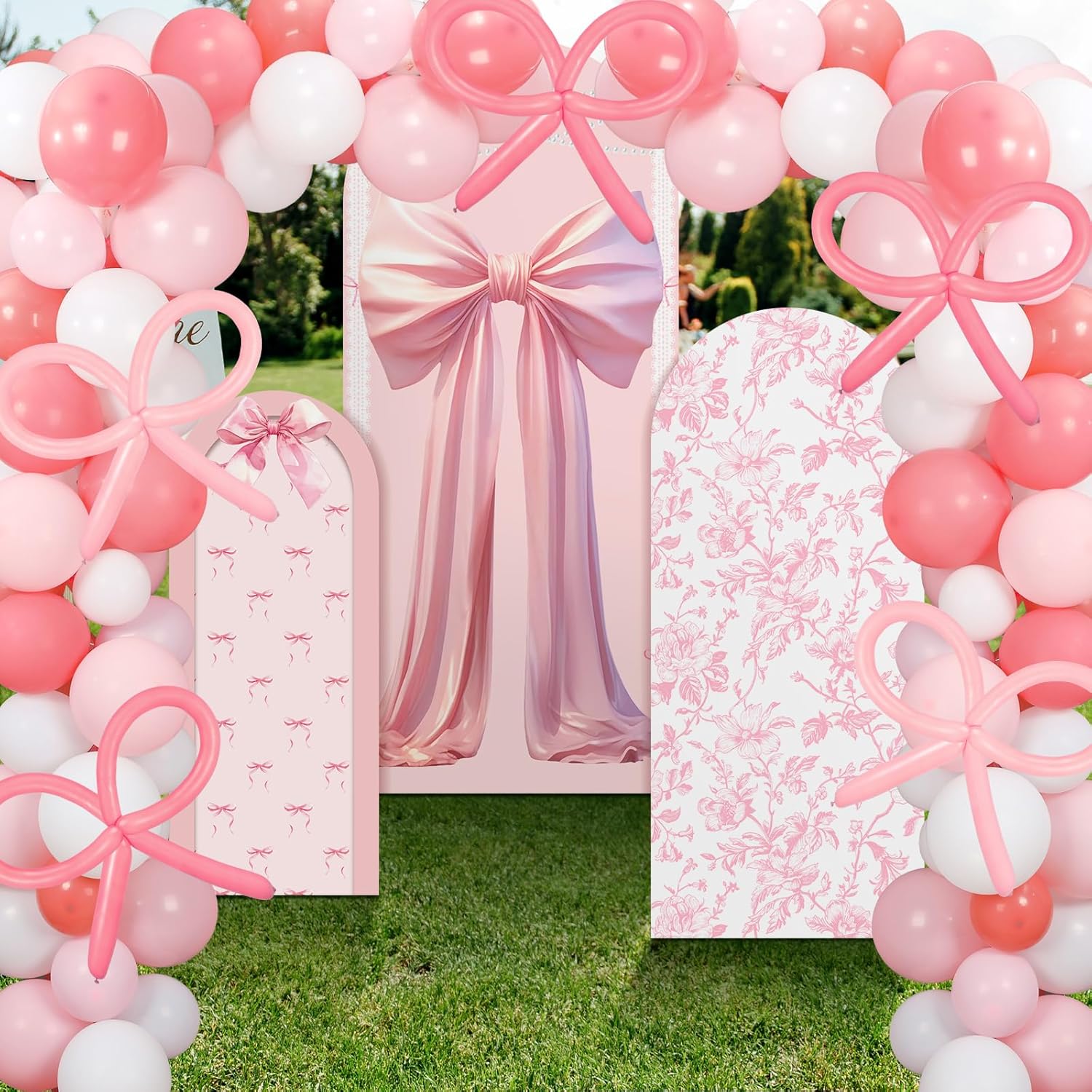 Soulchen Pink Bow Floral Arch Backdrop Set - 3 Covers with 200 Balloons for Wedding & Party Decor | 4/5/6 ft
