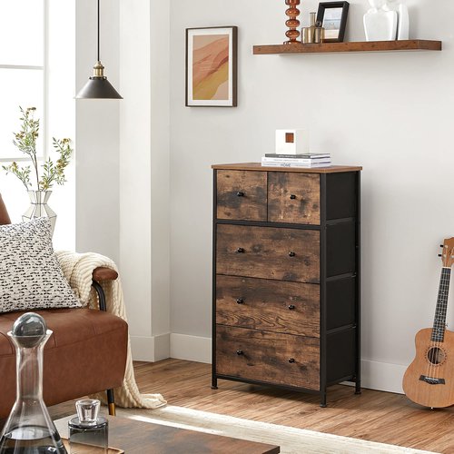 SONGMICS Drawer Dresser, Storage Dresser Tower with 5 Fabric Drawers, Wooden Front and Top, Industrial Style Dresser Unit, for Living Room, Hallway, Nursery, Brown and Black ULGS45H