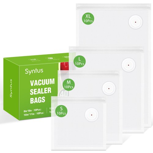 [2026 Upgraded] Syntus 40 Pcs Vacuum Sealer Bags for Food, Reusable BPA-Free Food Storage Bags for Sous Vide Microwave Heating, Air Valve Zipper Bags (10 Small+10 Medium+10 Large+10 Extra Large)