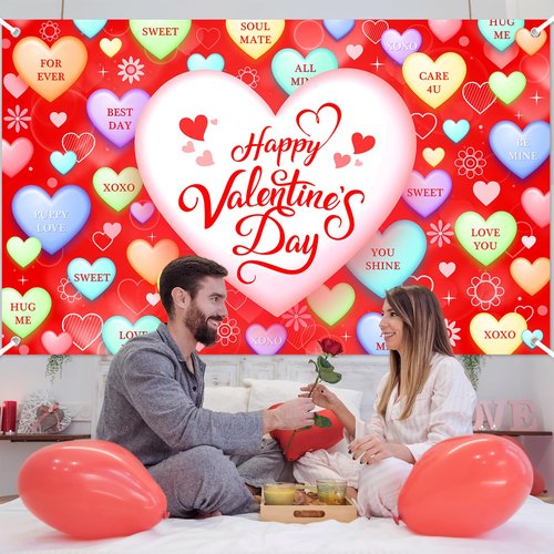 Mocsicka Valentines Backdrop Decorations Banner Red Conversation Heart Romantic Love Valentines Background Valentines Anniversary Party Decorations Photo Booth Props (Red, 6x3.6ft)