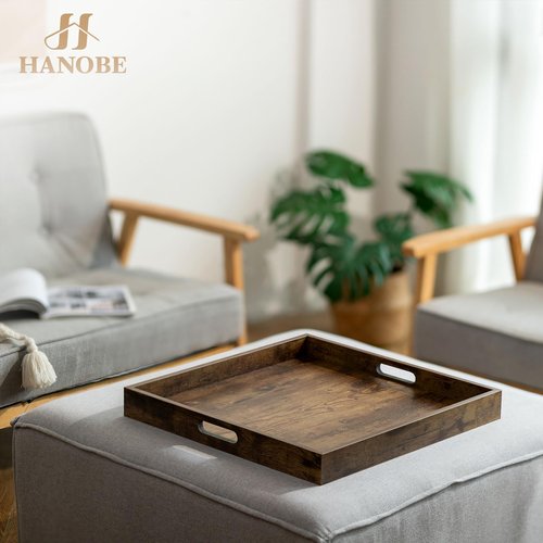Hanobe Ottoman Tray for Living Room: Wood Serving Tray for Coffee Table - 20" Square Rustic Farmhouse Platter with Handles - Extra Oversized Decorative Topper for Kitchen Brown