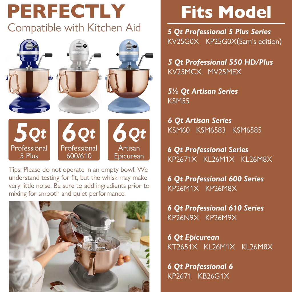 Wiselet Copper Color Stainless Steel 6 Quart Mixing Bowl for Kitchen Aid Professional Bowl Lift Stand Mixer, Heavy Duty Extra Mixer Bowl fits KP26, KB26, Dishwasher Safe, Ergonomic Handle