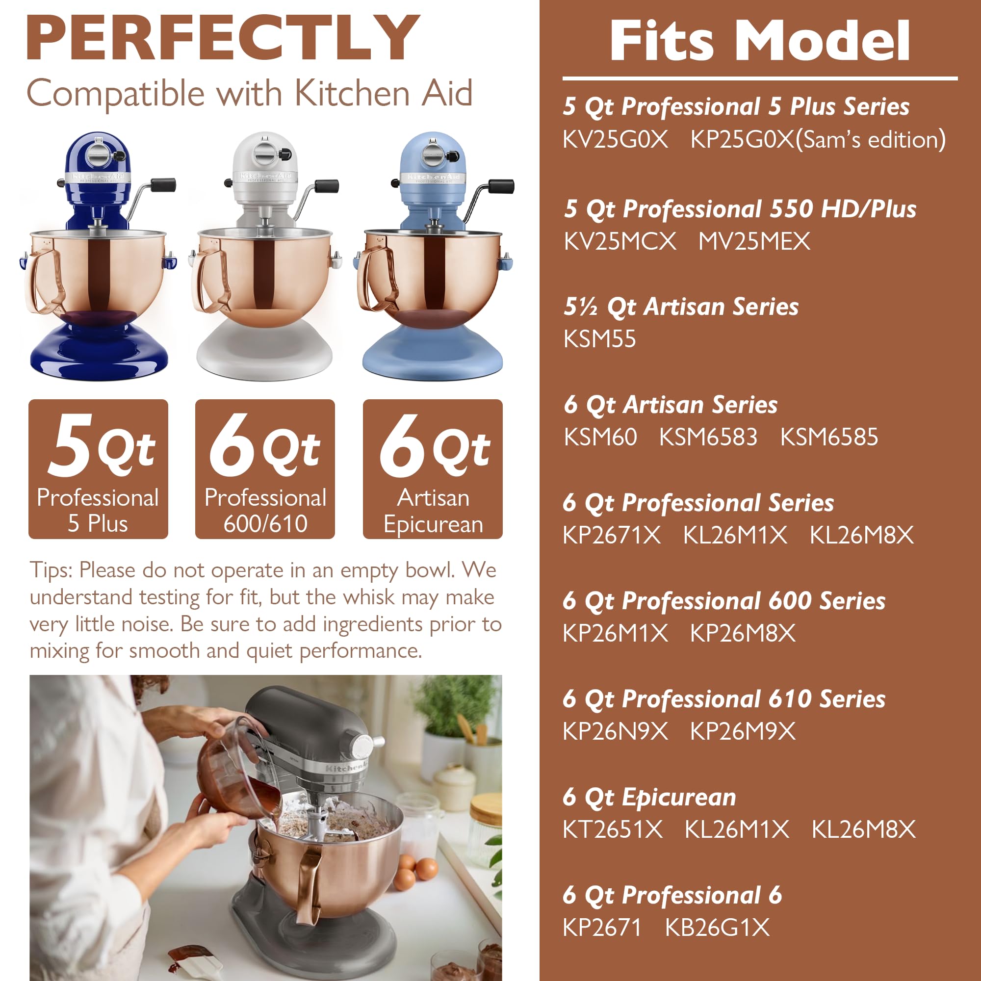 Wiselet Copper Color Stainless Steel 6 Quart Mixing Bowl for Kitchen Aid Professional Bowl Lift Stand Mixer, Heavy Duty Extra Mixer Bowl fits KP26, KB26, Dishwasher Safe, Ergonomic Handle