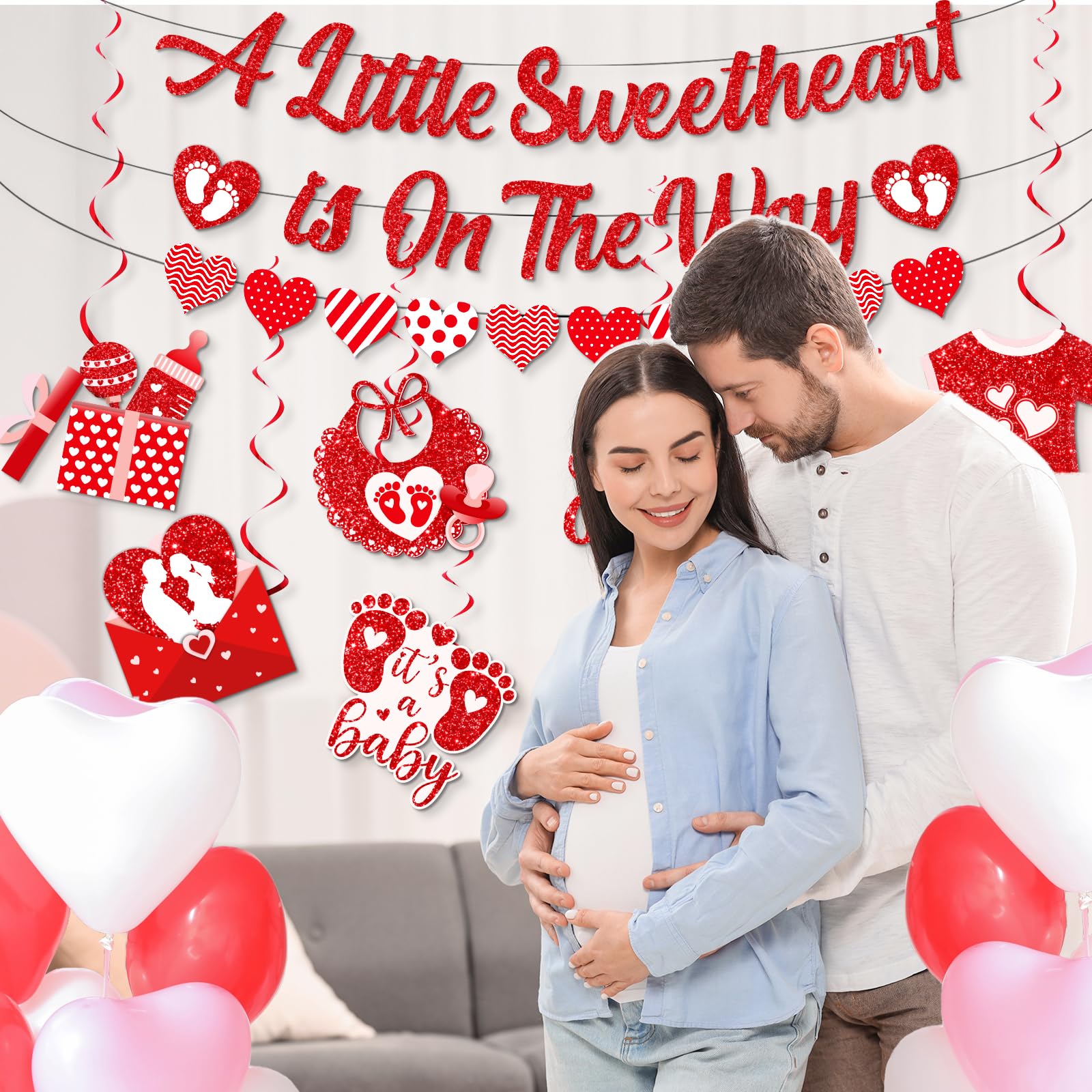 Valentines Baby Shower Decorations, A Little Sweetheart Is On The Way Banner and Red Baby Shower Decorations Hanging Swirls, Sweetheart Decorations for Valentines Day Baby Shower Party