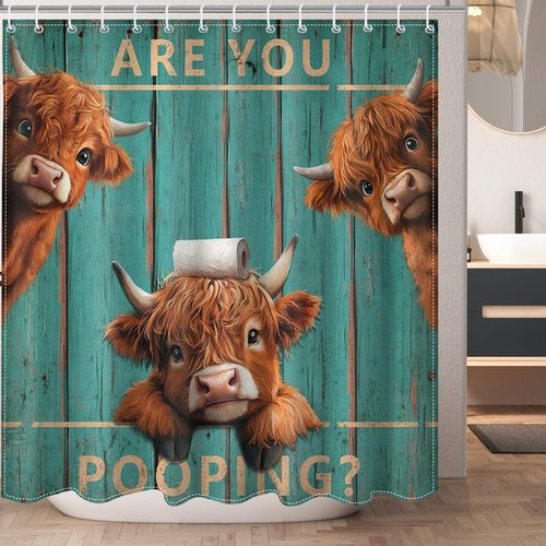 Mocsicka Vintage Funny Highland Cow Shower Curtain with 12 Hooks, Retro Farmhouse Green Plank Door Bath Curtain for Farmhouse Highland Cow Bathroom Decor Waterproof Fabric, 72 X 72 Inch