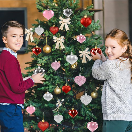 48PCS Heart Ornaments for Valentines Day Decorations, 2 Sizes Heart Shaped Ornaments for Christmas Valentine Tree, Red Pink Silver Glitter Hearts Hanging Decorations for Valentines Day Decor
