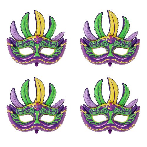 PageebO Mardi Gras Mask Foil Balloons, 4pcs Mardi Mask foil Balloons for Front Door Carnival Birthday New Orleans Masquerade Fat Tuesday Theme party Decorations