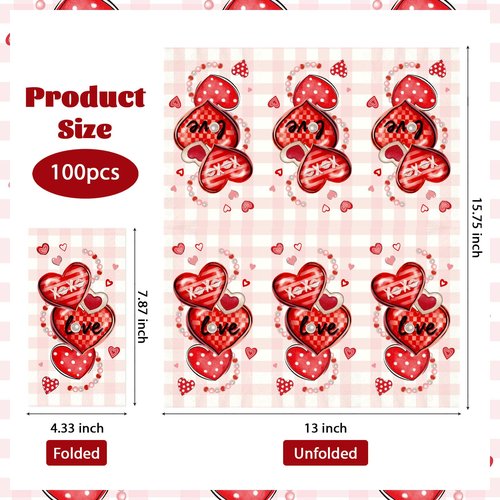 100Pcs Valentine Paper Napkins 3 Ply Red Pink Heart Love XOXO Disposable Absorbent Hand Towels Valentine's Day Decorative Guest Napkins for Wedding Romantic Lunch Dinner Bathroom Party Decorations