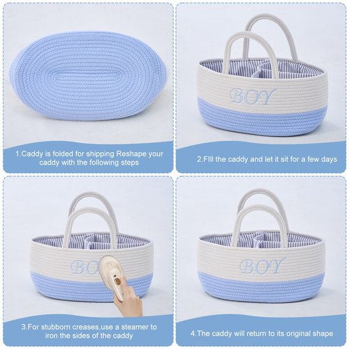DUHEL Diaper Caddy Organizer with Handle,Baby Basket use for Diaper Organizer and Storage,Baby Boys Newborn Essentials,3 Compartments-Cotton rope Material Storage for Home or Travel.(White＆Blue)