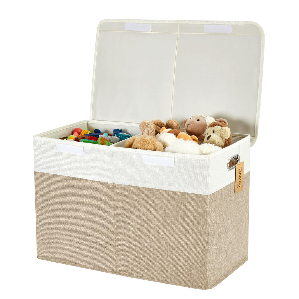 Roobyl Large Toy Storage Box with Lid, Collapsible Toys Storage Organizer Bins with Dividers and Handles, Storage Chest Bin for Kids, Boys, Girls, Nursery 25"x13" x16" (Beige & White)