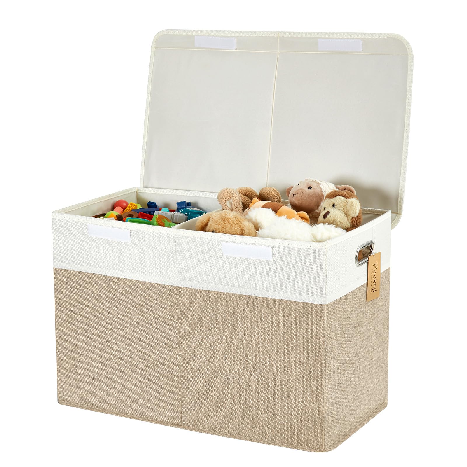 Roobyl Large Toy Storage Box with Lid, Collapsible Toys Storage Organizer Bins with Dividers and Handles, Storage Chest Bin for Kids, Boys, Girls, Nursery 25"x13" x16" (Beige & White)
