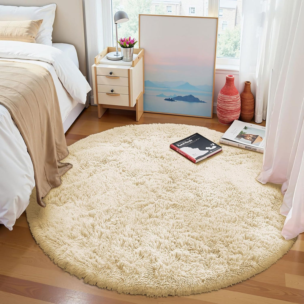 OLANLY Cream Round Area Rug - Soft & Fluffy Machine Washable 4 ft Circle Carpet for Bedroom & Living Room