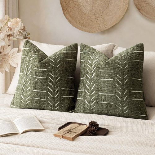 vivrudil Home Décor Decorative Boho Accent Chenille Throw Pillow Covers Textured Neutral Cushion Covers Soft Farmhouse Pillowcase for Couch Sofa Bed Living Room, 18×18 Inch, Set of 2, Olive Green