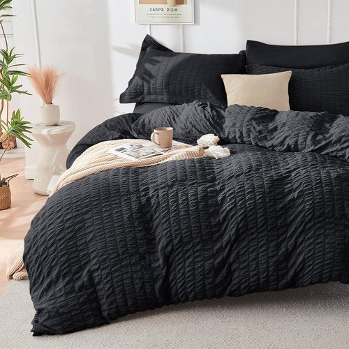 HYMOKEGE Black Comforter Set - Luxurious 7-Piece All-Season Bedding in Seersucker Design