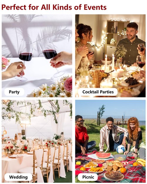 YOUBET 36 Pack Clear Plastic Wine Glasses - 10 OZ Disposable Square Wine Glasses with Stem for Wedding & Party & Anniversary