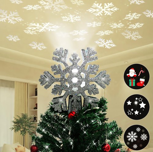 Christmas Tree Topper Projection Light with 3 Animated Projection Modes,Christmas Tree Decoration with LED Rotating Magic,3D Glitter Dynamic Projection,Silver Snowflake Christmas Tree Star.