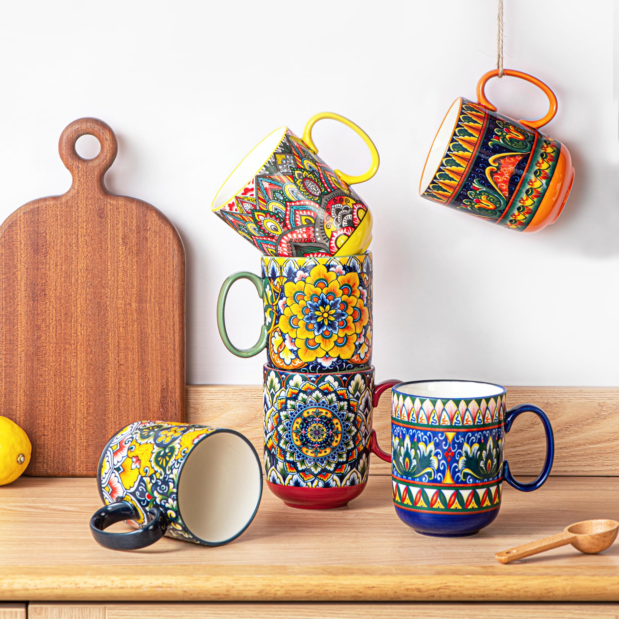Henten Home Ceamic Coffee Mug Set of 6, 14 oz Colorful Latte Cup with Handle, Boho Floral Mug for Hot Cocoa, Milk, Tea, Chocolate, Microwave & Dishwasher Safe