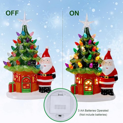 Juegoal Lighted Ceramic Christmas Tree - 11" Pre-Lit Tabletop Decorations with Santa & Multicolor Bulbs