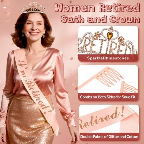 Retirement Party Decorations, 44Pcs Rose Gold Retirement Decorations for Women Include Happy Retirements Banner Retired Sash Crown Fringe Curtain & Foil Balloons for Women Retirements Decorations