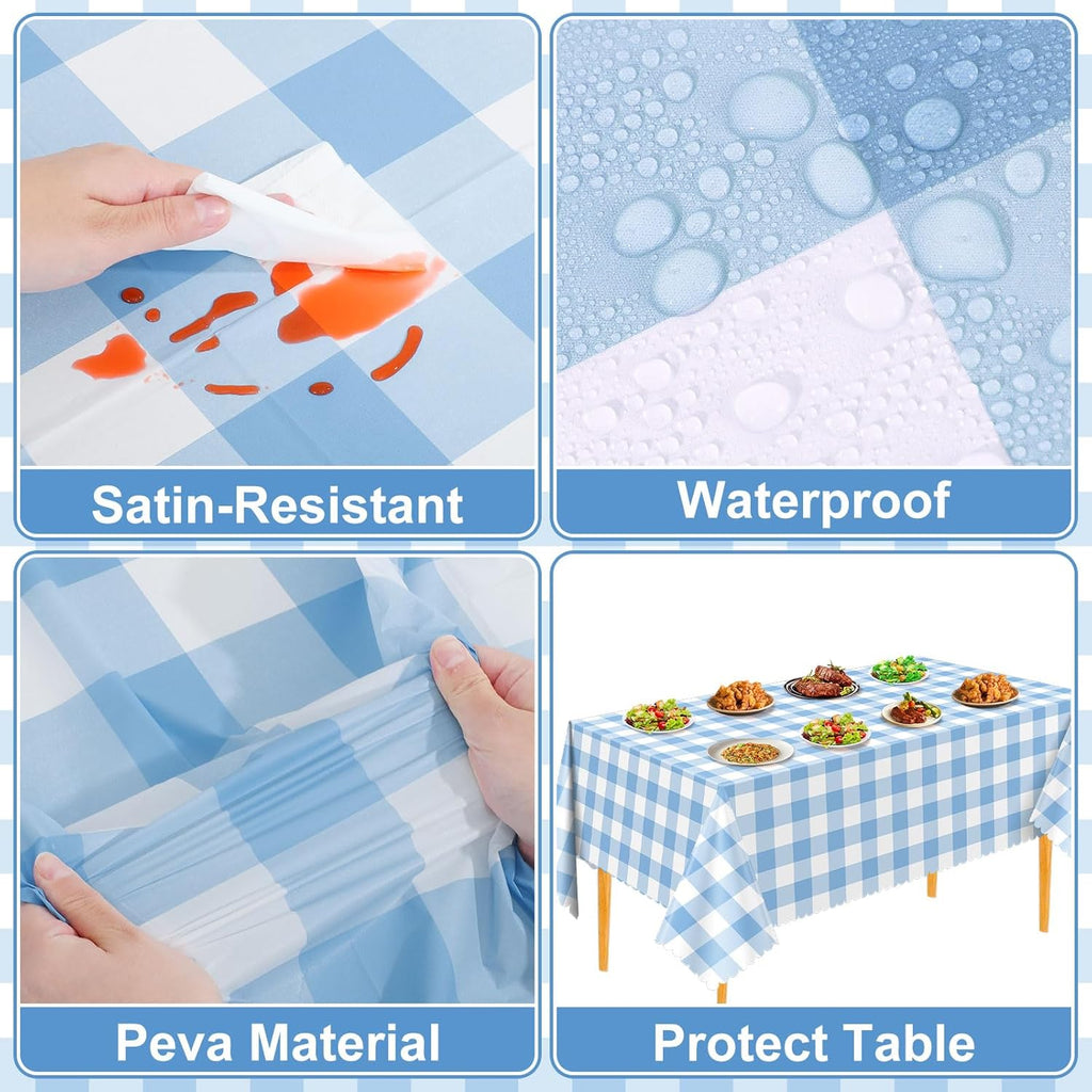 Skiennix Blue Gingham Tablecloths - 3 Pack | 54 x 108 Inch Scalloped Design for Parties & Events