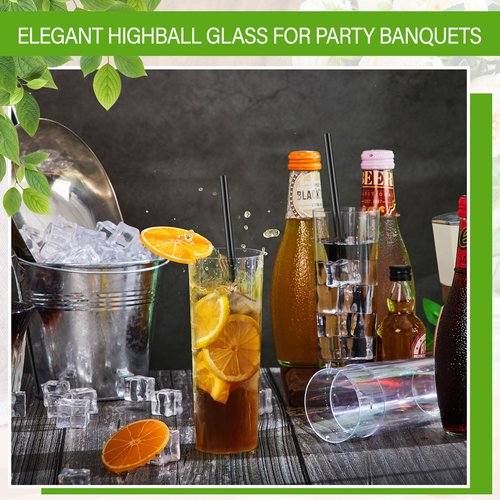 Acellegic Plastic Highball Glasses with Straws(Set of 96), 10 oz Shatterproof Drinking Cups, Tall Whiskey Collins Glass with Straws, Smoothie Tumbler Mojito Cocktail Cups for Wedding Fall Xmas Party