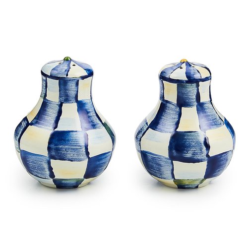 MACKENZIE-CHILDS Enamel Salt and Pepper Shakers, Kitchen Table Spice Shaker Set, Blue-and-White Royal Check, Small