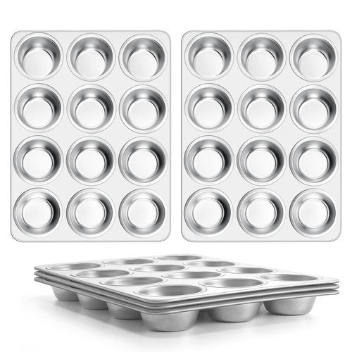 E-far Stainless Steel Muffin Pan Set of 5, 12 Cups Cupcake Pans Tins for Baking, Non-Toxic Metal Muffin Tray Molds for Small Mini Cupcake, Heavy Duty & Regular Size, Rust Free & Dishwasher Safe
