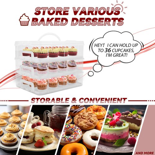 LEPump Cupcake Carrier, 3-Tiers Cupcake Containers, Holds 36 Cupcakes or 3 Large Cakes, Cupcake Holder, Cupcake Box with Lid and Handle (White, Basic)
