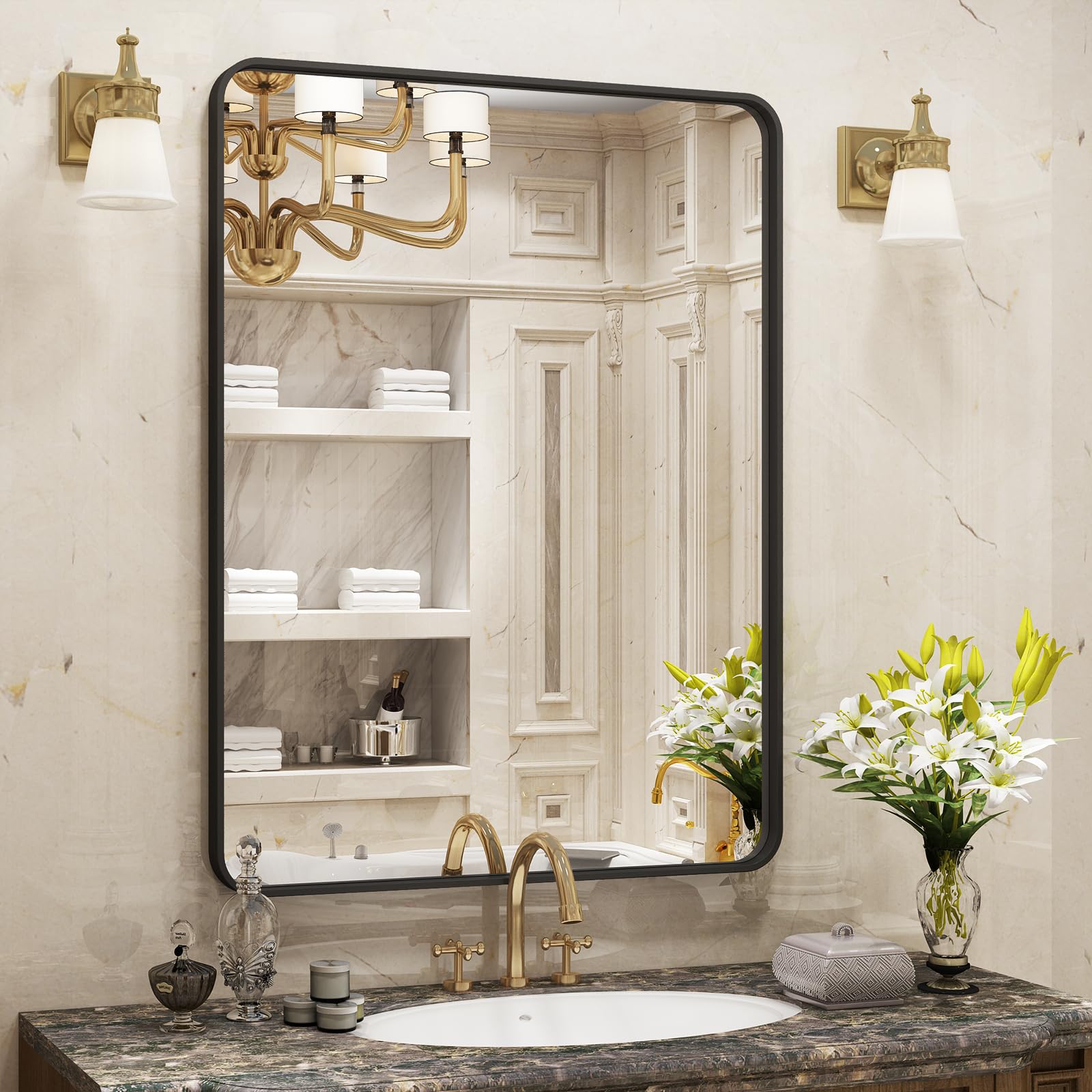 VANLIO 24x30 Inch Black Matte Framed Bathroom Mirror for Wall, Rounded Corner Rectangle Vanity Mirror, Tempered Glass, Anti-Rust, Shatterproof (Horizontal/Vertical)