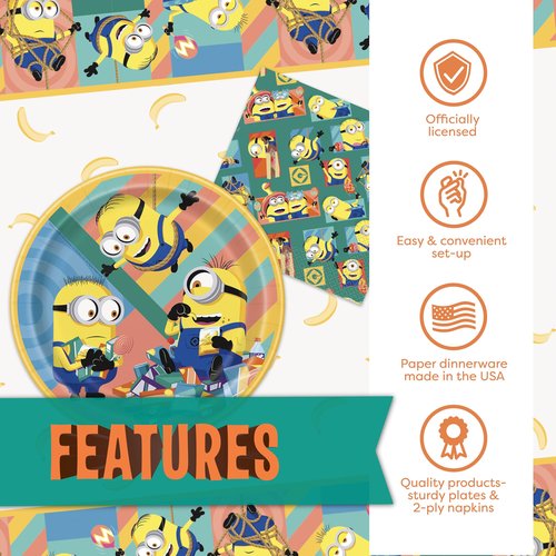 Minion Birthday Party Decorations | Serves 16 | Banner, Tablecloth, Door Poster Photo Backdrop, Plates and Napkins | Officially Licensed