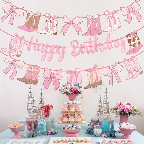 Coquette Cowgirl Birthday Banners Western Cowgirls Decorations 3PCS Boots and Bows Banner Glitter Pink Coquette Bows Birthday Decor for Girls Western Theme Baby Shower Supplies