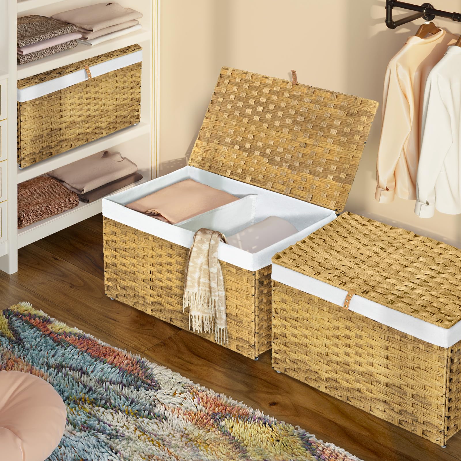 GREENSTELL Storage Basket with Lid, 27.7 Gallon(105L) Lagre Wicker Blanket Storage Basket with Handles, Foldable, 2 Removable Liner Bags, Metal Frame, for Bedroom, Laundry Room, Natural
