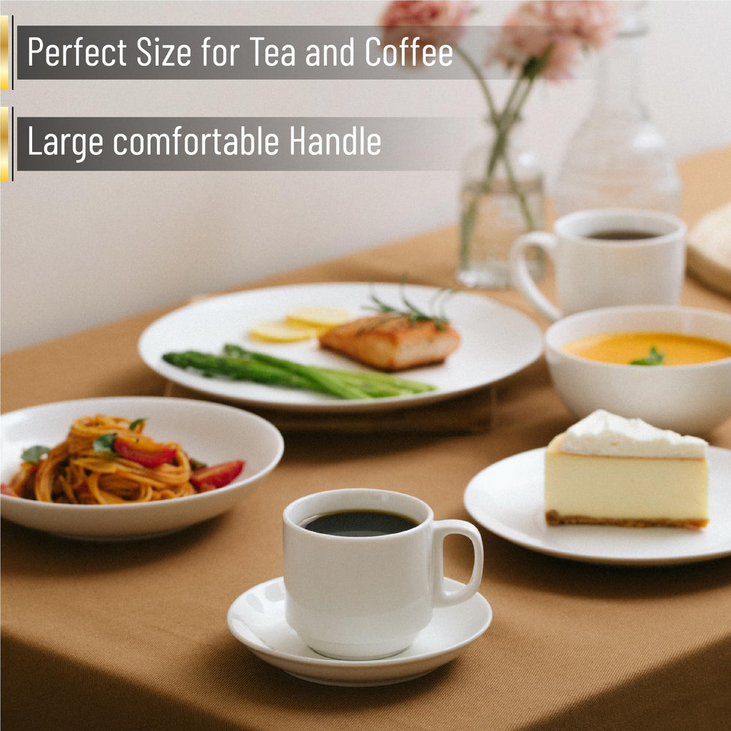 BTaT- Stackable Tea Cups and Saucers, White, Set of 6 (8 oz), Cappuccino Cups, British Coffee Cups, Porcelain Tea Set