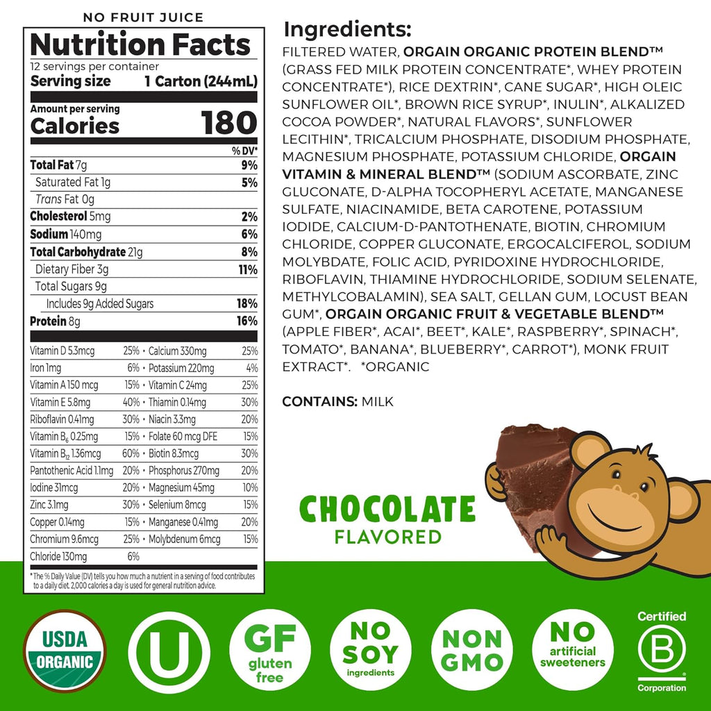 Orgain Organic Kids Protein Shake - Chocolate Flavor, 8g Dairy Protein, 22 Vitamins & Minerals | Gluten-Free, Non-GMO, 8.25 Fl Oz (Pack of 12)