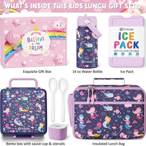 Fimibuke Kids Bento Lunch Box Set - 4 Compartments, Insulated Bag, Stainless Steel Bottle & Utensils | Perfect Birthday Gift for Ages 3-12