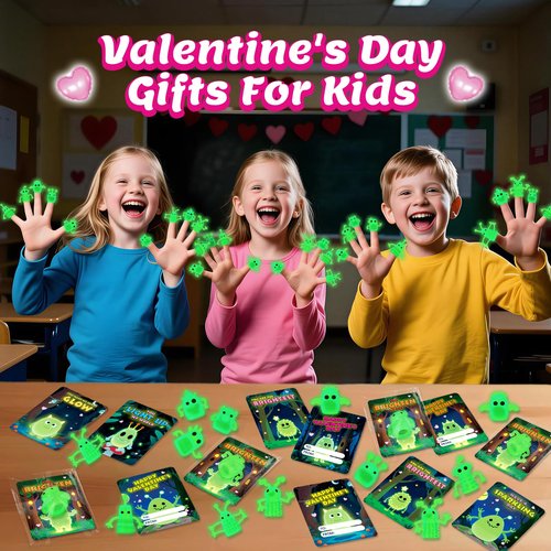 36 Packs Valentines Day Cards for Kids with Glow in The Dark Monster Finger Puppets, Valentines Day Gifts for Kids, Valentines Cards for School Classroom Exchange, Valentines Party Favors Prizes