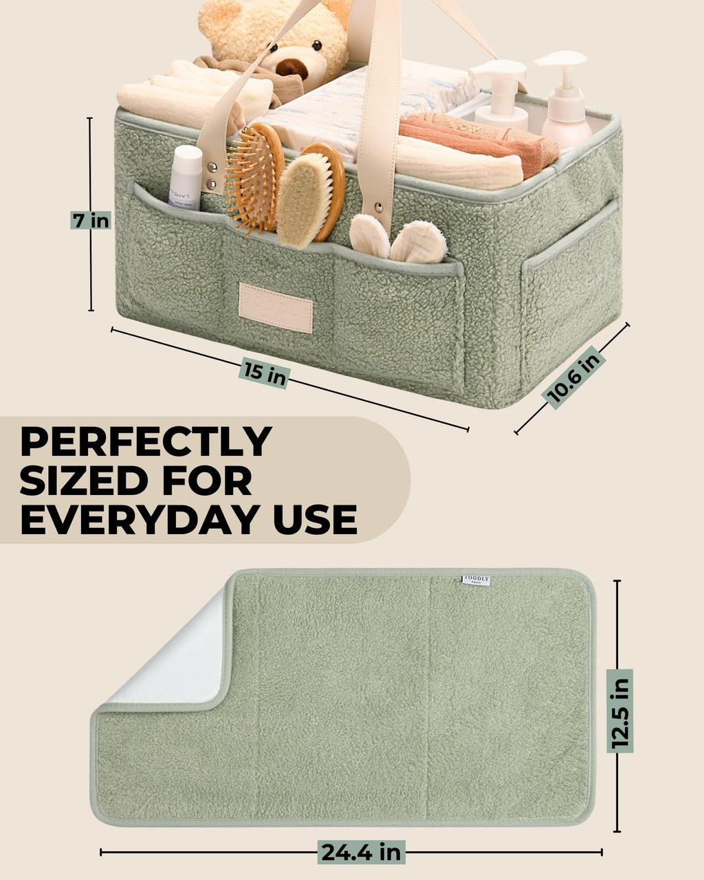 Toodly Baby Diaper Caddy Organizer with Portable Changing Mat - Teddy Fleece Diaper Organizer for Changing Table - Basket for Changing Essentials - Baby Essentials Organizer with Removable Dividers