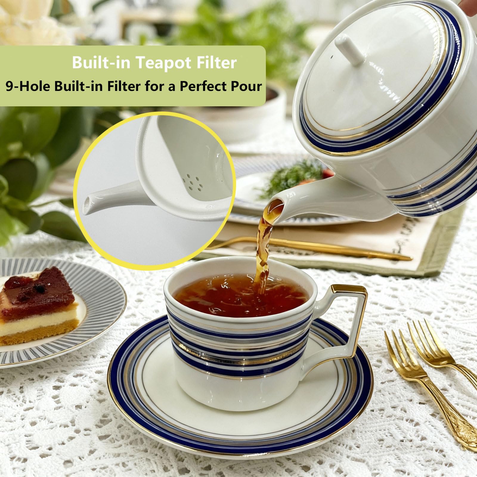 Vintage Tea Sets for Adults, Porcelain Complete Tea Sets - Golden&Blue Trim British Coffee Cups& Saucer Service for 4 with Teapot,Sugar Bowl,Creamer Pitcher for Gifts Kitchen&Party