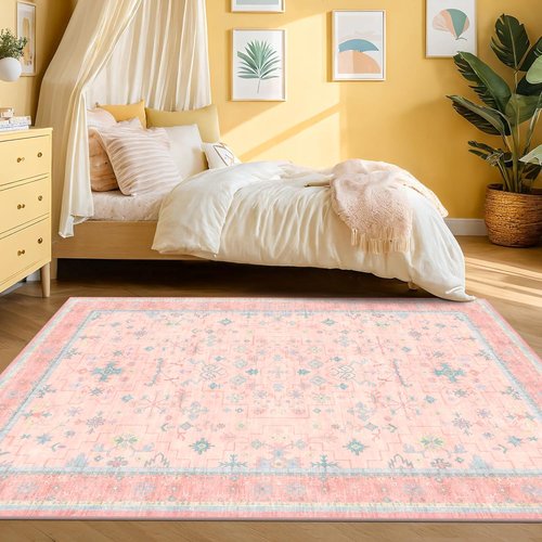 Hazo Haus Washable 5x8 Boho Aesthetic Area Rug - Pink & Blue Vintage Design for Living Room, Kids' Playroom