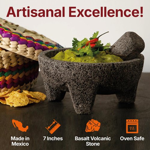 Mexican Molcajete Bowl with Tortilla Basket by Verve Culture, Basalt Volcanic Stone Mortar and Pestle, Rough Surfaced Mexican Kitchenware for Mixing and Grinding, Oven Safe, 7” Grinding Bowl