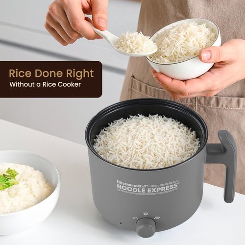 Elite Gourmet NOODLE EXPRESS Electric Hot Pot, Prepare Noodles, Soups, Stews, Cool-touch Handle, Ceralast™ PFAS-Free Ceramic Non-stick, Tempered Glass Lid, 2 Heat Settings-High/Low, Grey