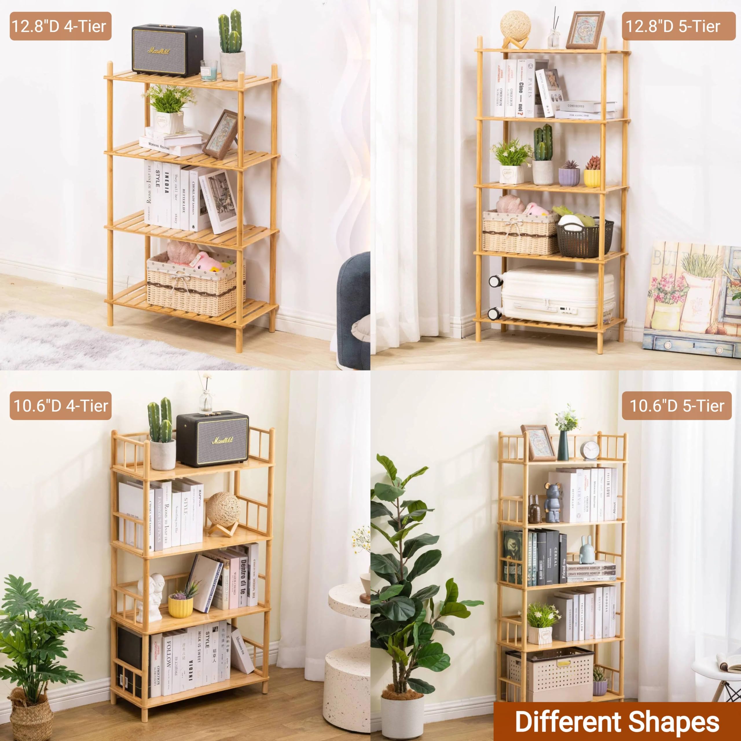 GOGOGO 2-Tier Expandable Bamboo Bookshelf - 150LBS Heavy-Duty, Tool-Free Assembly, Multifunctional Storage for Bathroom/Kitchen/Office Holder Plant Flower Stand (1, Natural, 3-Tier Short)